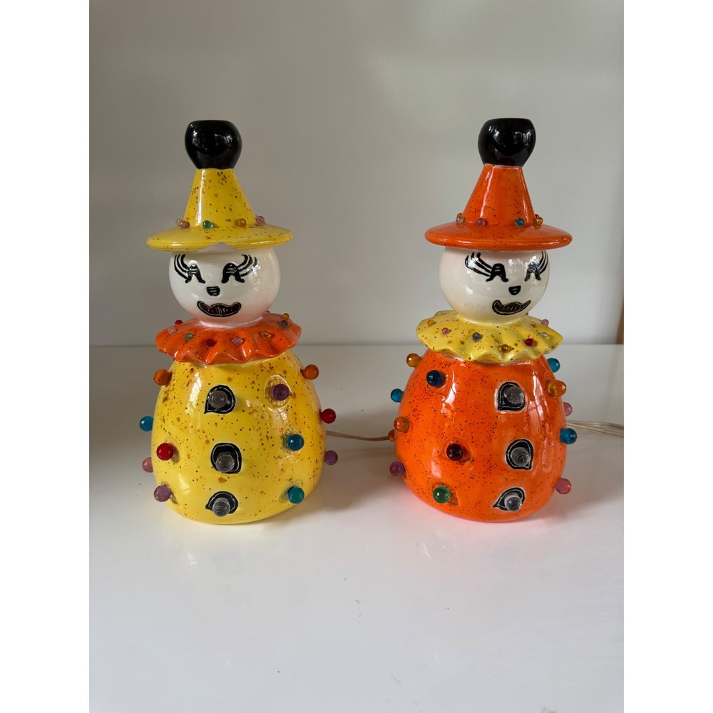 Vintage 1977 Lorna Light Up Ceramic Clowns Set of 2 Yellow Orange 11" Lamps